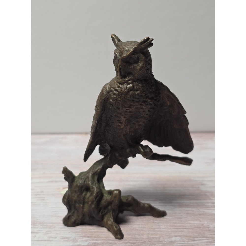 Metal Owl Bird Figurine Sculpture on Branch Base Decorative Collectible